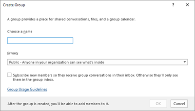 Create a new group with usage guidelines link.