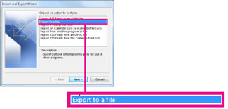 Export to a file option in the Import and Export Wizard.