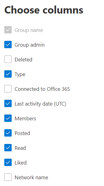 Yammer groups activity report - choose columns.