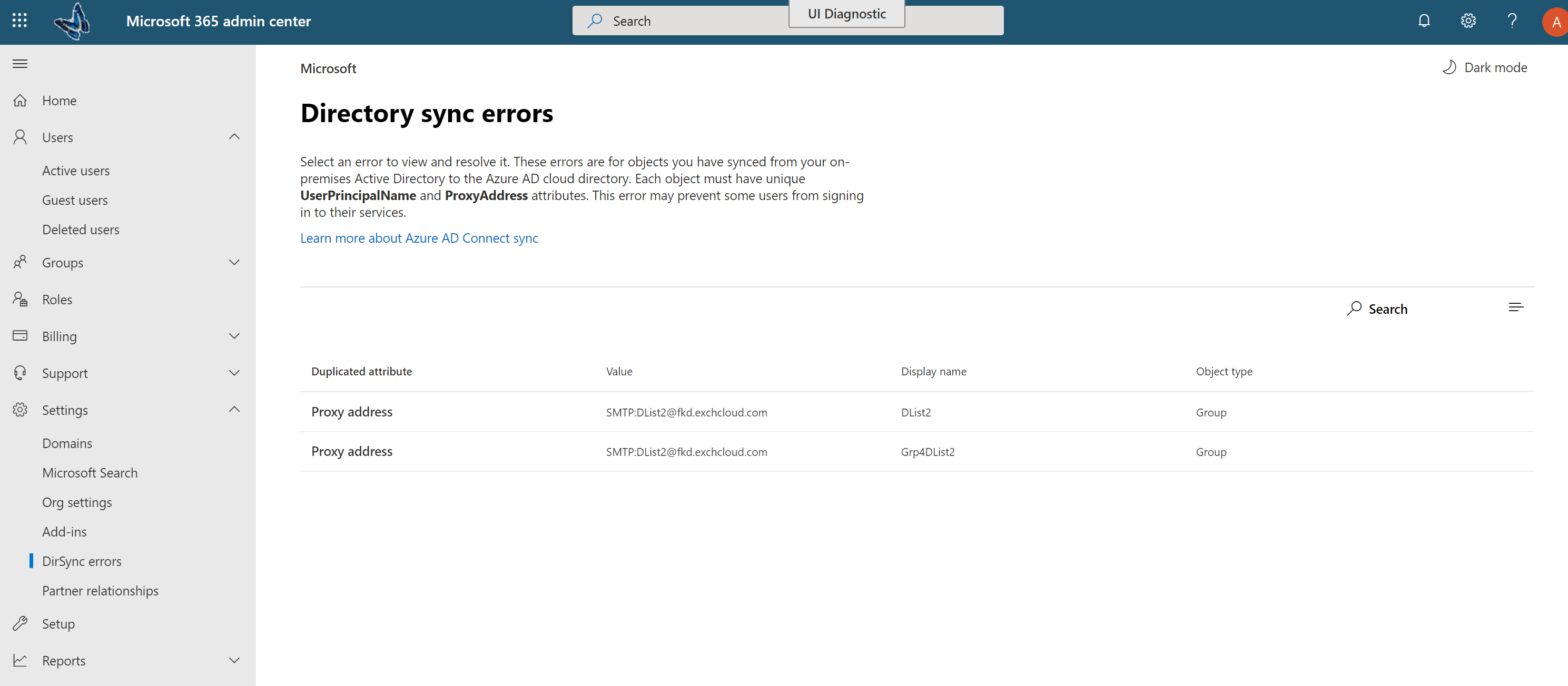 An example of the Directory sync errors page.