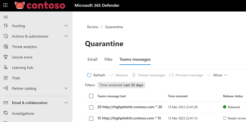 Screenshot of the Teams messages tab in quarantine.