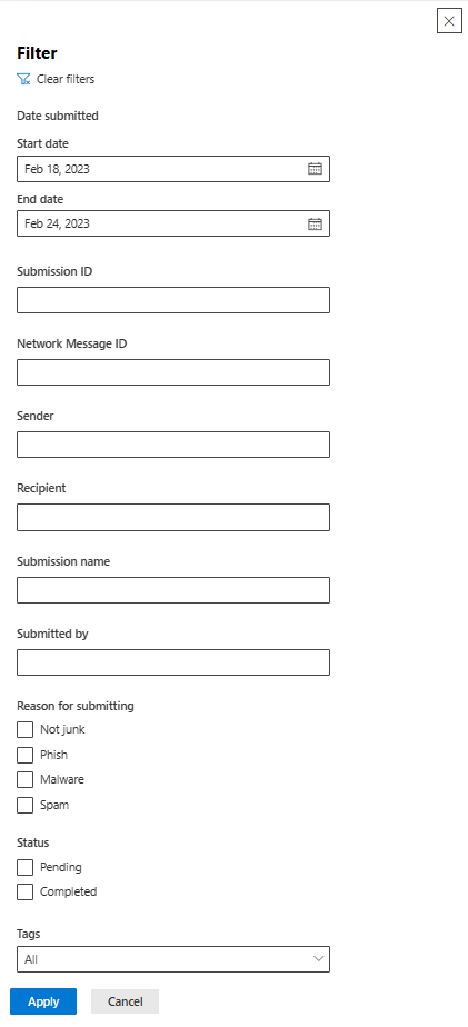 Filter options for email admin submissions.