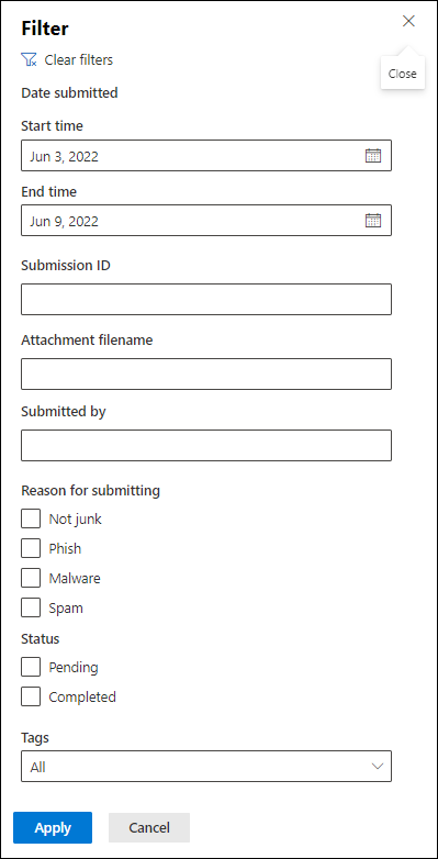 Filter options for email attachment admin submissions.