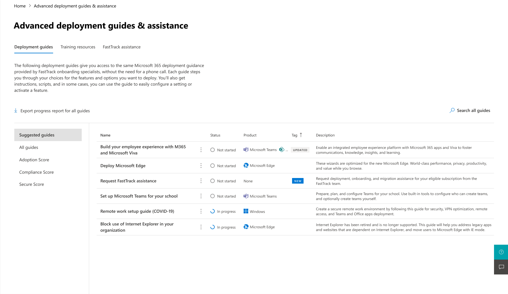 Advanced deployment guides page in the Microsoft 365 admin center