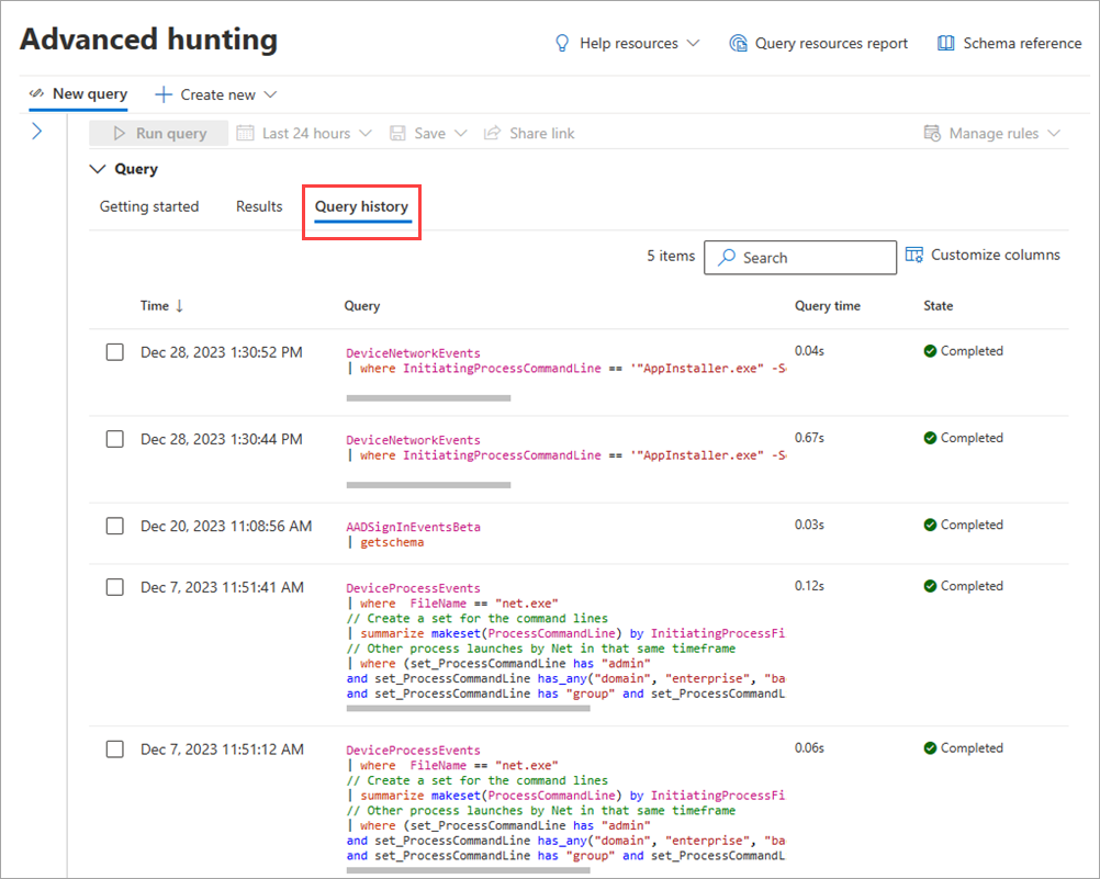 Screenshot of the query history pane in advanced hunting