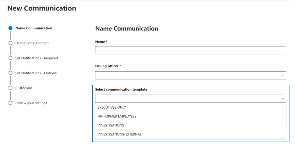 Templates from Communications library displayed in the drop-down list.