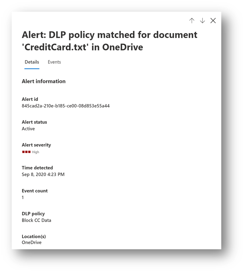 Screenshot showing alert details on the DLP alert management dashboard.