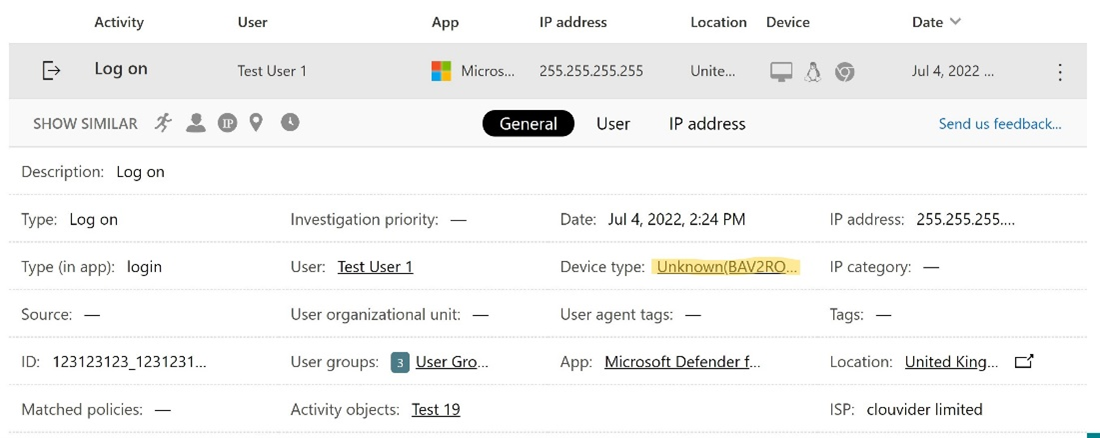 Screenshot of Microsoft Defender 365 interface showing the Device type.