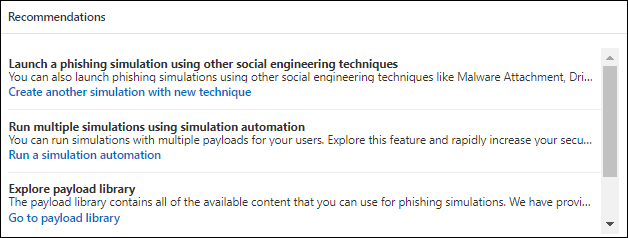 The Recommendations card on the Overview tab in Attack simulation training in the Microsoft Defender portal