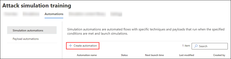 The Create simulation button on the Payload automations tab in Attack simulation training in the Microsoft Defender portal