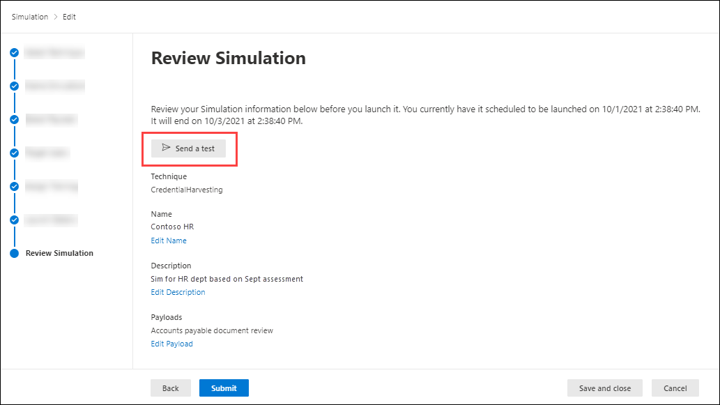 The Send a test button on the Review simulation page