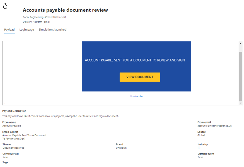The Payload tab in the payload details flyout in Attack simulation training in the Microsoft 365 Defender portal