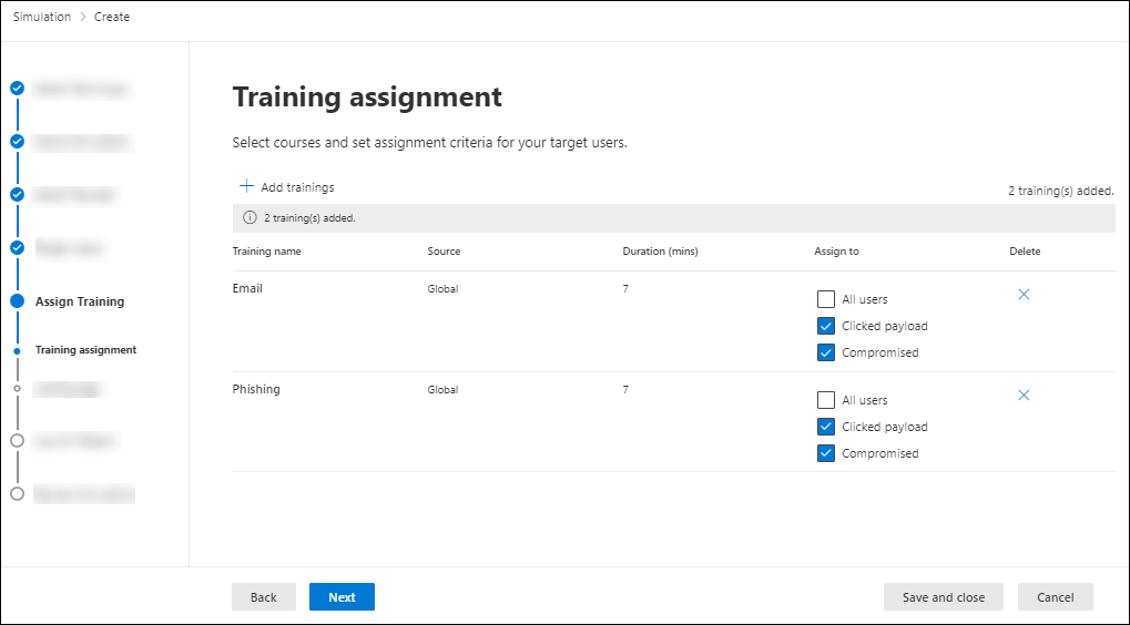 The Training assignment page in Attack simulation training in the Microsoft Defender portal