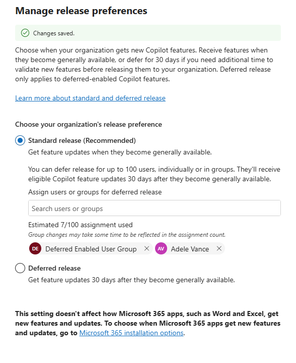 Screenshot of standard release in Microsoft 365 admin center.
