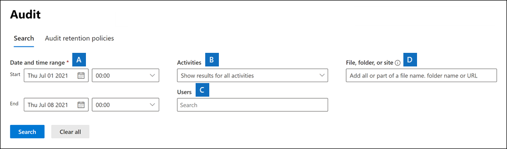 Configure criteria and then select Search to run the search.