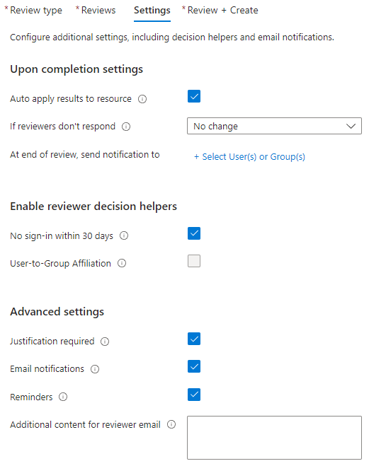 Screenshot of Microsoft Entra access review settings tab.