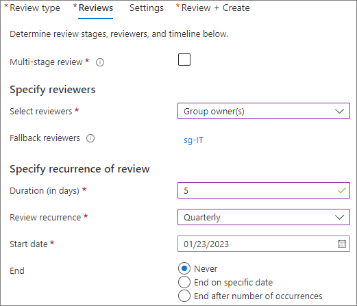 Screenshot of Azure AD access review tab.