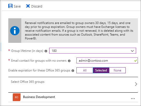 Screenshot of Groups expiration settings in Azure Active Directory.