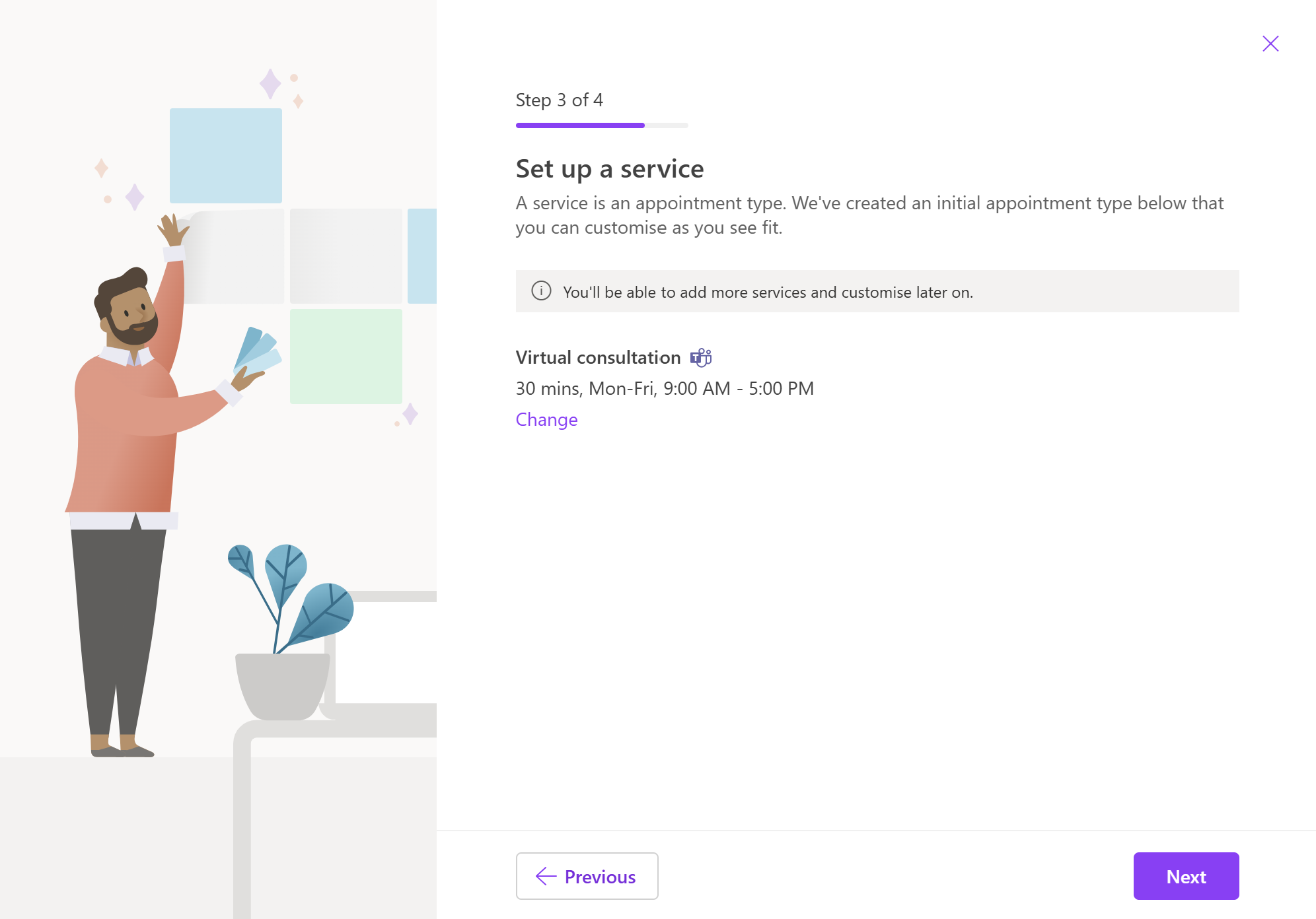 Screenshot showing step three out of four for creating a shared booking page in Microsoft Bookings