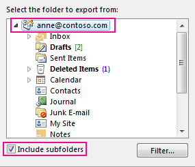 Export Outlook Data File dialog box with top folder selected and Include subfolders checked.