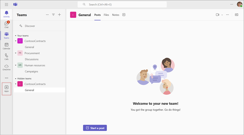 A screenshot of Microsoft Teams showing the add Apps button.