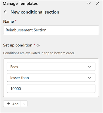 A screenshot of the first condition in the Set up condition section on the Manage templates panel.