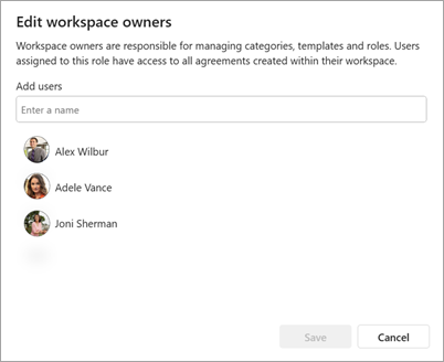 A screenshot of the Edit workspace owners page to add users to a role.