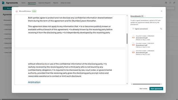 A screenshot of the agreement viewer page showing amendments.