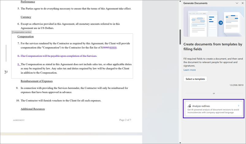 A screenshot of Analyze redlines option when the offline document is opened.