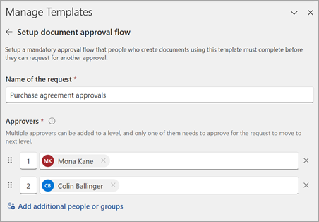 A screenshot of the Approvers section on the Manage templates panel.