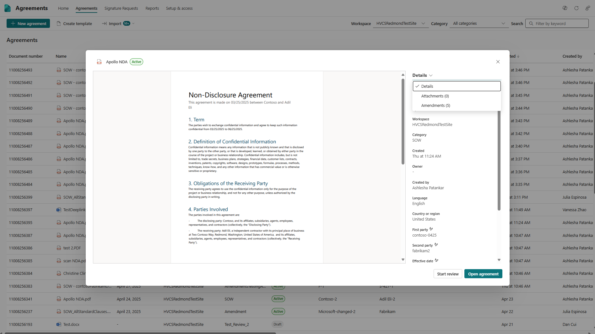 A screenshot of the agreement viewer page.