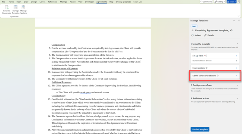 A screenshot of an opened document and the Manage templates panel.