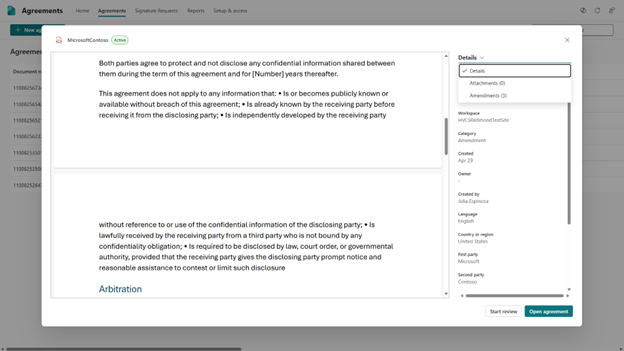 A screenshot of the agreement viewer page.