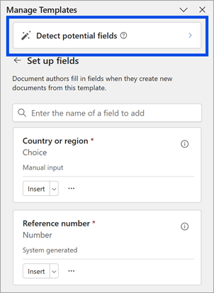 A screenshot showing the Manage templates panel with the Detect potential field option highlighted.