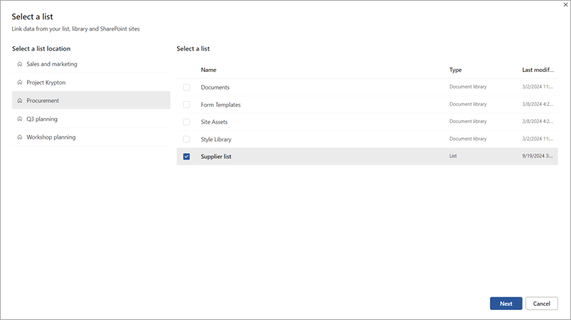 A screenshot of Select a list page.