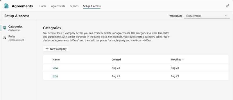 A screenshot showing the Categories page on the Setup & access tab.