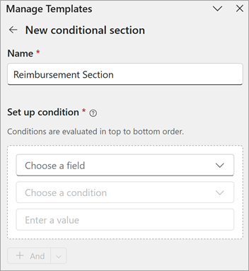 A screenshot of the New conditional section area on the Manage templates panel.