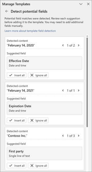 A screenshot showing the Manage templates panel to review the potential detected fields.