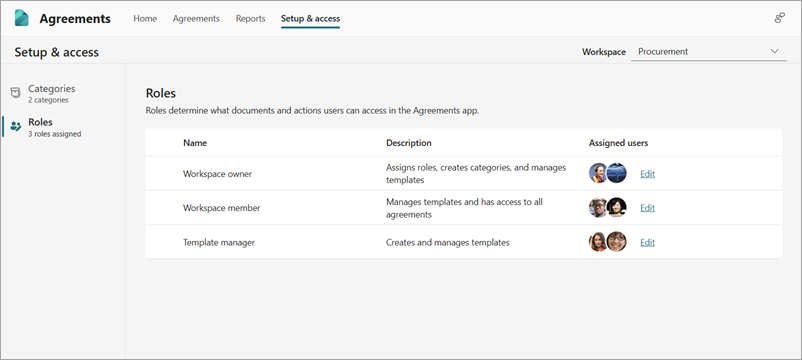 A screenshot of Agreements app showing the role management page.