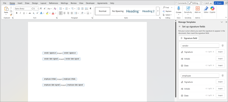 A screenshot of setting up the signature fields in a Word document.
