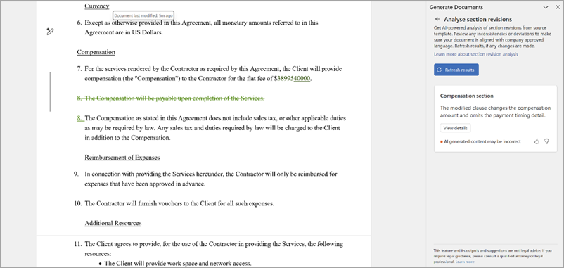 A screenshot of the section revision analysis pane opened.