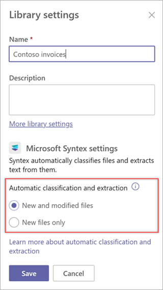 Screenshot of the Library settings panel with the Automatic classification and extraction option highlighted.