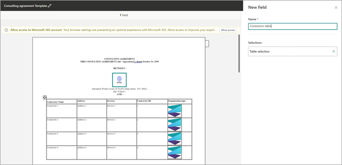 Screenshot of the template viewer showing the New field for associating a table field.