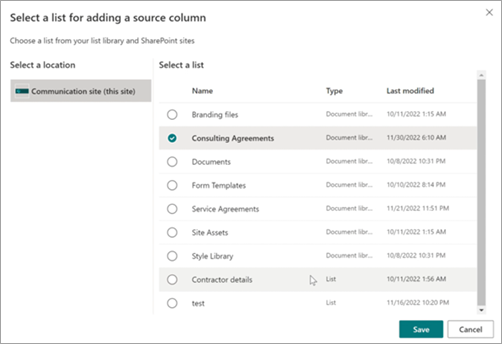 Screenshot of the Select a list for adding a source column page.