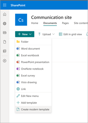 Screenshot of document library with the Create modern template option highlighted.