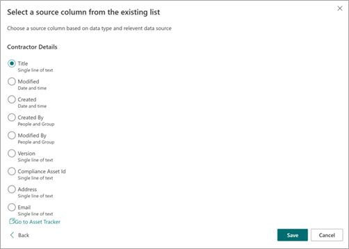 Screenshot of the Select a source column from the existing list page showing column names.