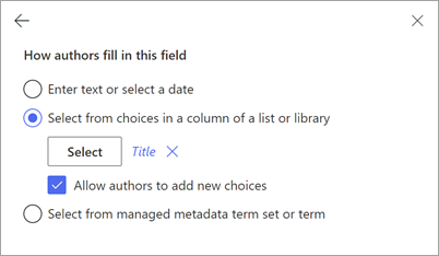 Screenshot of the New field panel showing the list field associated with the field.