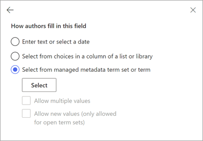 Screenshot of the template viewer showing the New field panel for input from a term or term set.