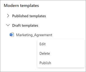 Screenshot of the Modern templates section showing the draft templates.