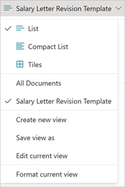 Screenshot of document library Views menu with the template selected as the default view.